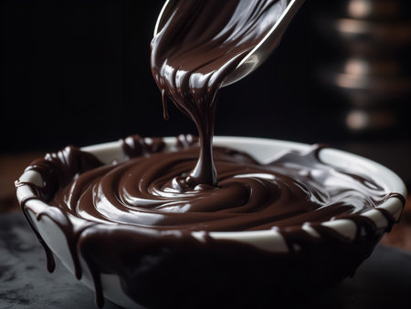 A close-up shot of a spoon swirling through a creamy chocolate ganache, revealing its glossy, velvety texture. The dark, intense color of the ganache contrasts beautifully with the white porcelain bowl.の素材