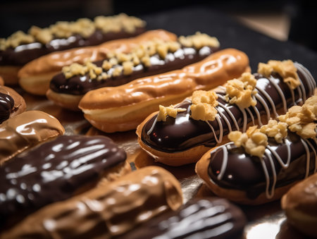 A close-up shot of an assortment of eclairs, filled with a variety of creams such as vanilla, chocolate, and coffee. The glossy toppings and precise decorations make them a feast for the eyes.の素材