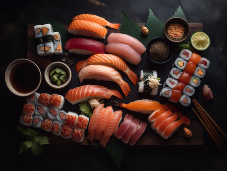 A close-up shot of a sushi spread, featuring an array of nigiri, sashimi, and maki rolls. The beautifully presented slices of fresh fish and perfectly formed sushi pieces make it an alluring spectacle.の素材