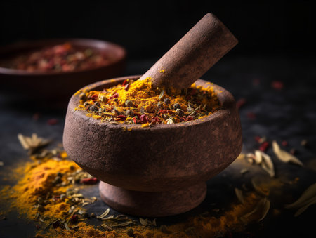 A close-up shot of a mortar and pestle filled with freshly ground spices, showcasing the vibrant colors, coarse textures, and releasing aromatic scents. Visible are red chili flakes, yellow turmeric, and brown cumin seeds.の素材