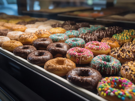 A close-up shot of a variety of donuts in a display case, showcasing their colorful icings, playful sprinkles, and different textures - from the classic glazed to the decadent chocolate-filled.の素材