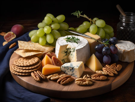 A close-up shot of a cheese platter, featuring an assortment of cheeses such as brie, gouda, and blue, accompanied by crackers, grapes, and nuts. The rich textures and diverse colors make for an appealing sight.の素材