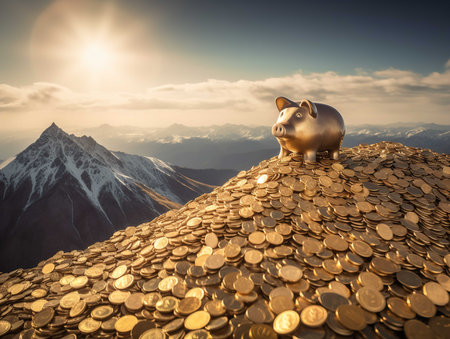 A golden piggy bank is positioned at the summit of a large mountain of coins, signifying financial success and savings.の素材