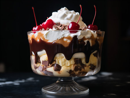 A close-up shot of an ice cream sundae, showing layers of creamy vanilla ice cream, hot fudge, whipped cream, and a cherry on top. The tantalizing layers of sweetness make it a dessert lover's dream.の素材