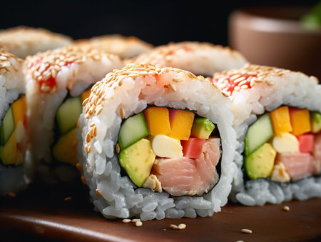 A close-up shot of a sliced rainbow roll sushi, revealing the colorful layers of fresh fish like salmon, tuna, avocado, and cucumber, all wrapped around a core of perfectly seasoned sushi rice.の素材