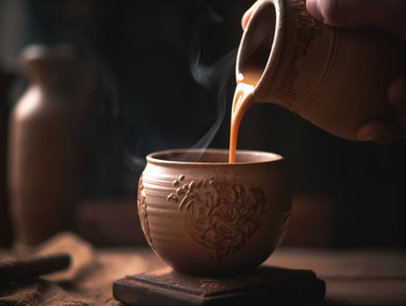 A close-up shot of freshly brewed chai tea being poured into a traditional clay cup. The frothy, spiced tea is a rich brown color and steam is rising from the top, hinting at its warmth and comforting aroma.の素材