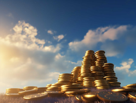 An image featuring a tall stack of golden coins that reach towards a clear blue sky, symbolising financial aspirations and growth.の素材
