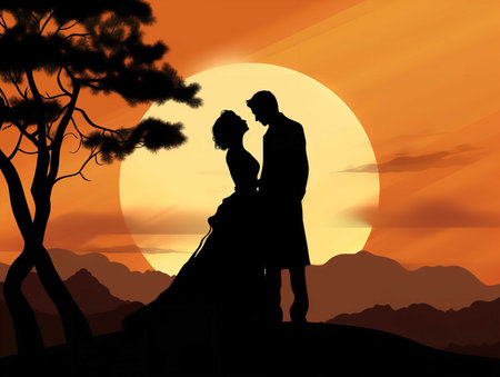A romantic clipart showcasing the silhouette of a bride and groom against a backdrop of a setting sun. The tender pose of the couple, with their arms wrapped around each other, symbolizes their eternal love and the promise of a lifetime together.の素材