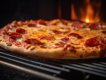 A close-up shot of a pepperoni pizza fresh from the oven, highlighting the bubbling mozzarella, spicy pepperoni slices, and the crispy, golden crust. Visible are the strands of melted cheese pulling away with a slice.の素材