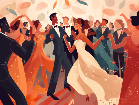 A joyful clipart capturing the bride and groom dancing with glee. Their vibrant movements and smiling faces radiate happiness and excitement, creating an atmosphere filled with love, celebration, and the joy of their special day.の素材