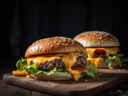 An eye-level shot of a juicy double cheeseburger in the process of being assembled. Two glistening patties are topped with melted cheddar, crisp lettuce, ripe tomato slices, and a perfectly toasted sesame seed bun.の素材