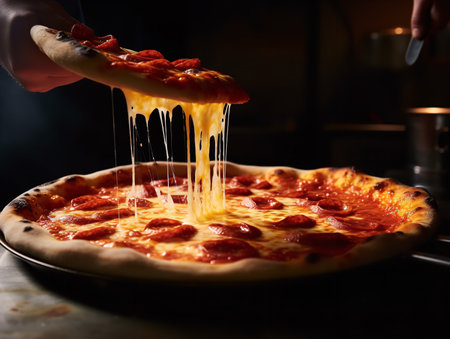 A mid-action shot of a hot, cheesy pepperoni pizza being lifted from its pan in a bustling pizzeria. The melting cheese stretches elegantly and the golden crust contrasts with the vibrant red tomato sauce.の素材