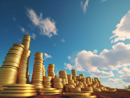 An image featuring a tall stack of golden coins that reach towards a clear blue sky, symbolising financial aspirations and growth.の素材