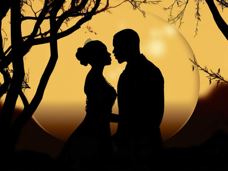A silhouette clipart showcasing a bride and groom in their wedding attire, standing close together with arms intertwined. The elegant outlines capture the beauty and unity of the couple, portraying a moment filled with love and anticipation.の素材
