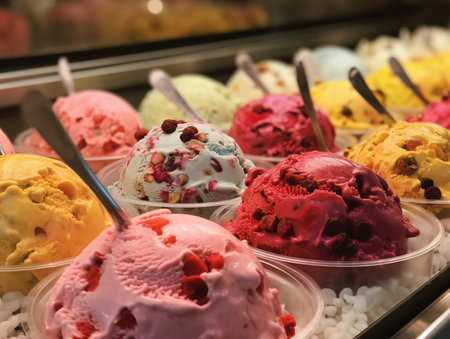 An eye-level shot of a variety of colorful ice cream scoops displayed in a glass case at a local parlor. Flavors range from classic vanilla and rich chocolate to exotic mango and tangy raspberry.の素材