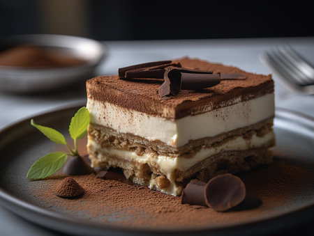 A close-up shot of a tiramisu, highlighting the delicate layers of espresso-soaked ladyfingers, creamy mascarpone, and dusted cocoa powder. The visual strata and creamy texture offer an enticing invitation.の素材
