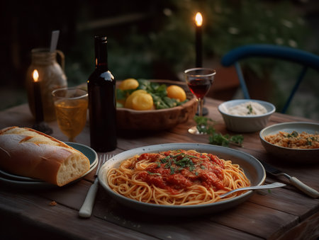 A warm, evening shot of a Tuscan pasta dinner set outdoors under a pergola. In the center is a large bowl of spaghetti tossed with bright red tomato sauce, sprinkled with parmesan, and garnished with fresh basil. Accompanied by a bottle of red wine and a basket of garlic bread.の素材