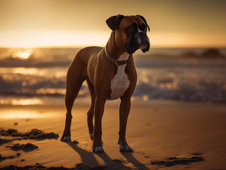 A Boxer dog stands bravely on a sandy beach, its muscular body poised and ready for action. The setting sun illuminates its fawn coat, creating a silhouette that captures the strength and courage of this breed.の素材