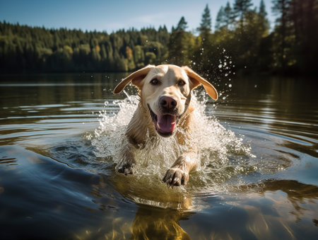 A Labrador Retriever frolics in a crystal-clear lake, its joy evident in its wide, enthusiastic eyes. Its yellow coat gleams in the sunlight, creating a vibrant image of this energetic breed.の素材