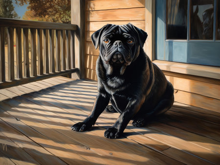 A Pug sits thoughtfully on a porch, its wrinkles and expressive eyes give it a pensive look. The black and tan coat of the dog contrasts nicely with the wooden floor, creating a rustic scene.の素材