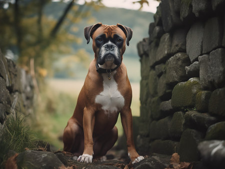 A Boxer dog stands in a rustic countryside setting, its muscular body posed in a stance that's both alert and relaxed. The dog's deep brown eyes and unique square jaw give it an air of noble determination.の素材