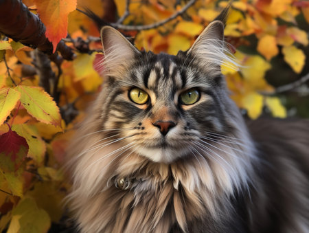 A Maine Coon cat perches in the branches of a maple tree, its large tufted ears and multi-colored coat standing out against the autumn leaves. Its green eyes, full of curiosity, add to the enchanting scene.の素材