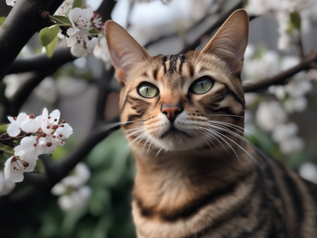 A Bengal cat with its distinctive spotted coat sits amongst the branches of a blossom tree. Its green eyes shine with curiosity, creating a harmonious blend of domestic and wild beauty.の素材