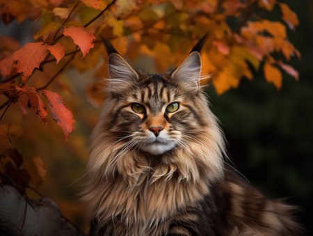 A Maine Coon cat perches in the branches of a maple tree, its large tufted ears and multi-colored coat standing out against the autumn leaves. Its green eyes, full of curiosity, add to the enchanting scene.の素材