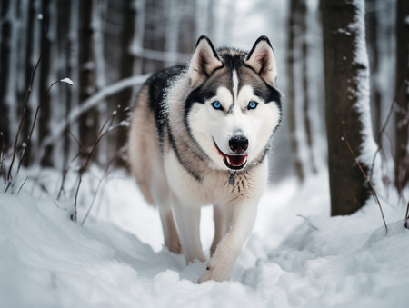 A Siberian Husky joyously bounds through a snowy landscape, its striking blue eyes full of excitement. The contrast of its thick, black and white coat against the pristine white snow creates a captivating image.の素材