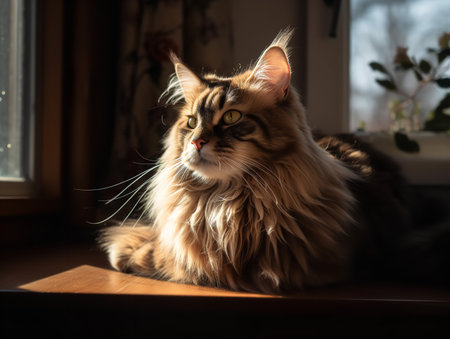 A Maine Coon cat lounges lazily on a sunny windowsill, its large green eyes half-closed in relaxation. Its long, fluffy tail hangs over the edge, swaying gently in the warm indoor breeze.の素材