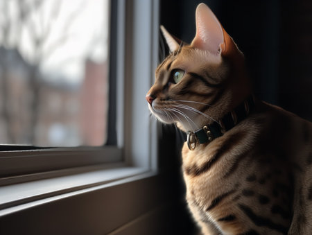 A Bengal cat rests on a window ledge, gazing out at the world beyond. Its distinctive spotted coat and green eyes are highlighted by the soft natural light, creating a look of quiet contemplation.の素材
