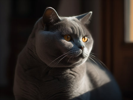 A British Shorthair cat basks in a sunbeam, its blue coat shimmering in the warm light. Its round, golden eyes display a tranquility that matches the serene atmosphere of the room.の素材