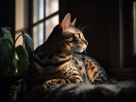 A Bengal cat rests on a window ledge, gazing out at the world beyond. Its distinctive spotted coat and green eyes are highlighted by the soft natural light, creating a look of quiet contemplation.の素材