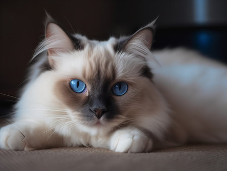 A Ragdoll cat sprawls out on a plush rug, its blue eyes half-closed in relaxation. Its silky, colorpoint coat stands out beautifully against the texture of the rug, creating a picture of pure comfort.の素材