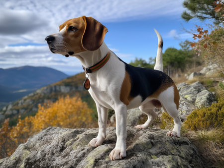 A Beagle stands tall on a rocky ledge, its tricolor coat vibrant against the rugged landscape. Its ears are perked up, and its eyes hold a spark of adventure as it gazes into the distance.の素材