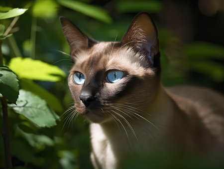 A Tonkinese cat prowls in an emerald green garden, its blue-green eyes matching the lush surroundings. The soft, mink coat of the cat seems to glow in the diffused sunlight, enhancing the mystique of this breed.の素材