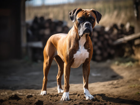 A Boxer dog stands in a rustic countryside setting, its muscular body posed in a stance that's both alert and relaxed. The dog's deep brown eyes and unique square jaw give it an air of noble determination.の素材