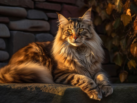 A Maine Coon cat sits proudly on a stone wall as the evening sun casts long shadows. Its tufted ears and multi-colored fur are highlighted by the golden light, contributing to a majestic and regal portrait.の素材