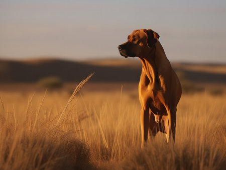 A Rhodesian Ridgeback stands in a vast field, its unique ridge of hair along its back standing out against the golden grass. Its gaze into the distance gives it a regal and dignified air.の素材