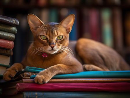 A blue-eyed Abyssinian cat is nestled among a pile of books, its ruddy coat standing out against the colorful book spines. With a look of contentment, it seems to have found the perfect spot for a cozy afternoon nap.の素材