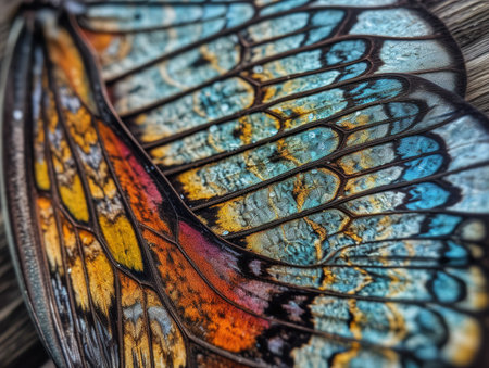 A close-up texture image of a butterfly wing, displaying a mosaic of vibrant colors, delicate scales and intricate patterns.の素材