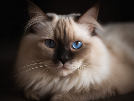 A Ragdoll cat sprawls out on a plush rug, its blue eyes half-closed in relaxation. Its silky, colorpoint coat stands out beautifully against the texture of the rug, creating a picture of pure comfort.の素材