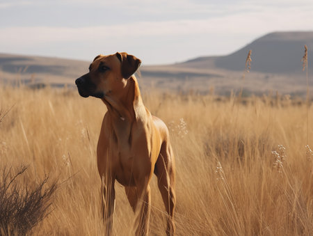 A Rhodesian Ridgeback stands in a vast field, its unique ridge of hair along its back standing out against the golden grass. Its gaze into the distance gives it a regal and dignified air.の素材