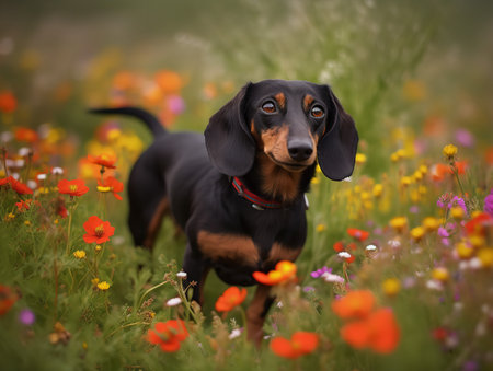 A Dachshund trots happily through a wildflower meadow, its long body almost hidden by the tall flowers. Its black and tan coat contrasts beautifully with the vibrant colors of the blooms, and its eyes sparkle with delight.の素材