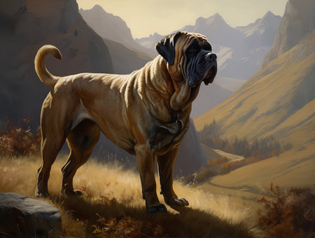 A Mastiff stands powerfully against a mountainous backdrop, its muscular form a compelling sight in the rugged terrain. Its watchful eyes and strong stance add to the sense of majesty in the scene.の素材