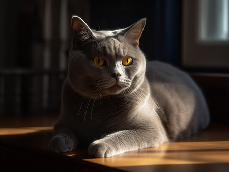 A British Shorthair cat basks in a sunbeam, its blue coat shimmering in the warm light. Its round, golden eyes display a tranquility that matches the serene atmosphere of the room.の素材