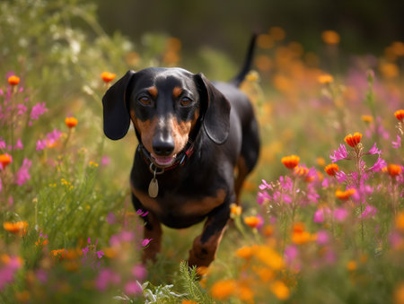A Dachshund trots happily through a wildflower meadow, its long body almost hidden by the tall flowers. Its black and tan coat contrasts beautifully with the vibrant colors of the blooms, and its eyes sparkle with delight.の素材