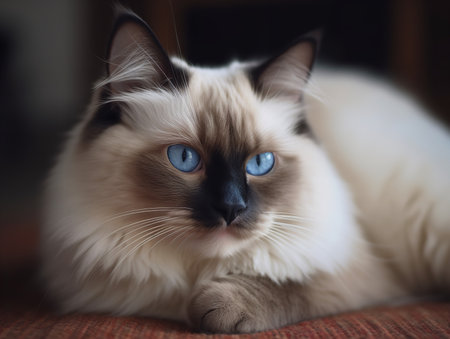 A Ragdoll cat sprawls out on a plush rug, its blue eyes half-closed in relaxation. Its silky, colorpoint coat stands out beautifully against the texture of the rug, creating a picture of pure comfort.の素材