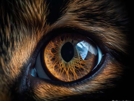 A close-up texture photo of a cat's eye, revealing the intricate pattern and color of the iris, set against the dark backdrop of the pupil.の素材