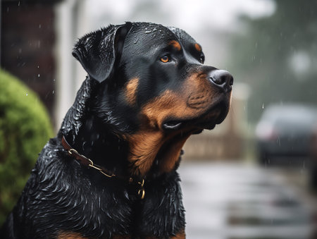 A Rottweiler stands resiliently in the rain, its black and tan coat glistening with droplets. The dog's powerful stance and intense gaze embody the strength and loyalty associated with this breed.の素材